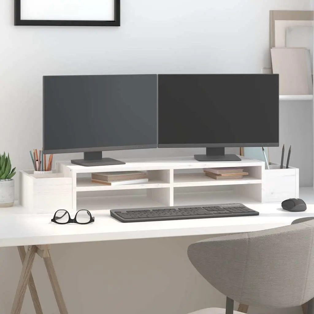 Solid Pine Wood Monitor Stand in White for Screen Elevation