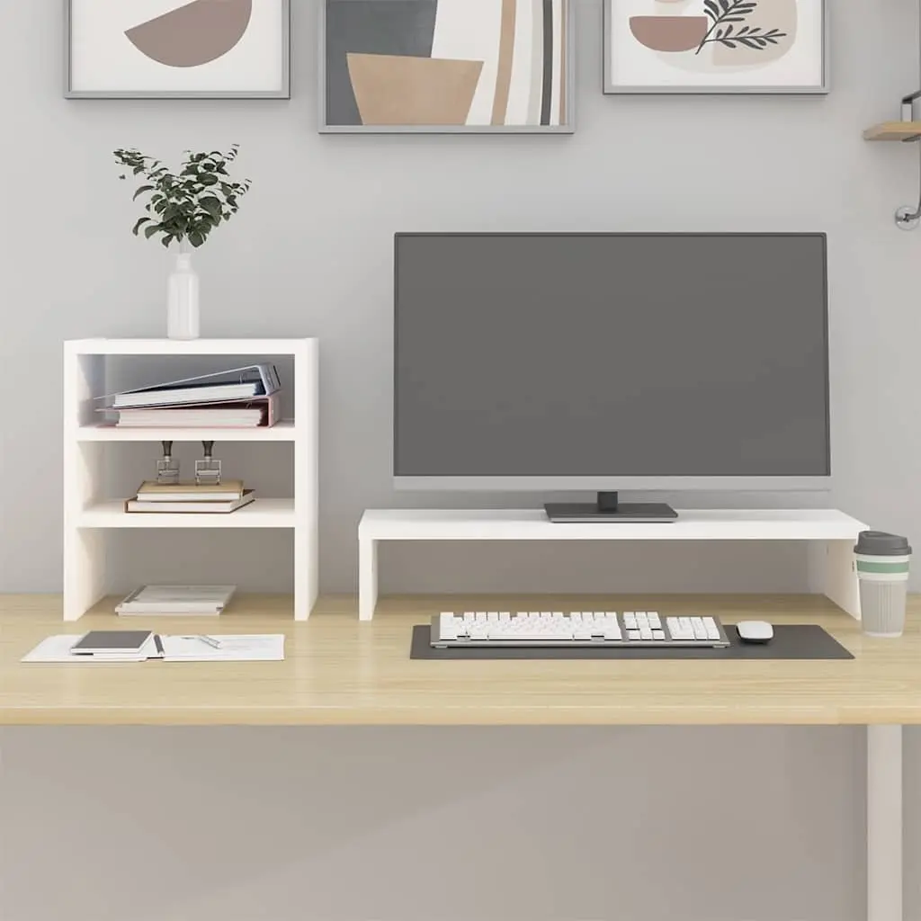 Monitor Stand Solid Pine Wood White Desk Organizer Storage Shelf 81 x 20 x 30 cm