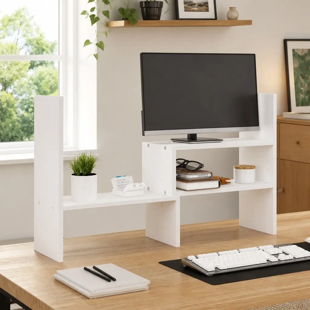 White Adjustable Solid Pine Wood Monitor Stand