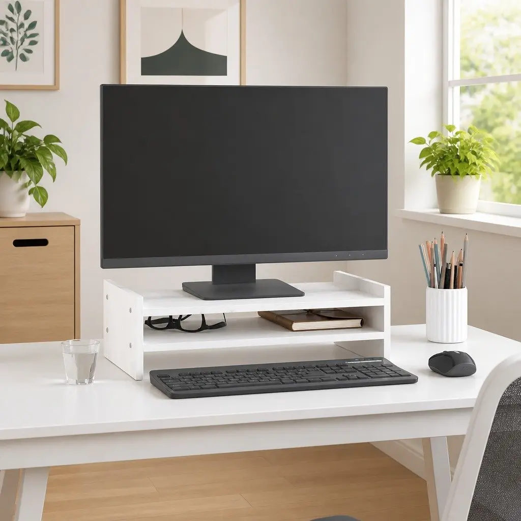 Monitor Stand Solid Pine Wood White Desk Riser with Integrated Storage
