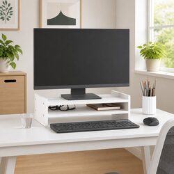 Monitor Stand Solid Pine Wood White Desk Riser with Integrated Storage