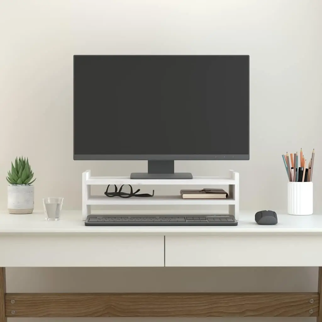 Monitor Stand Solid Pine Wood White Desk Riser with Integrated Storage