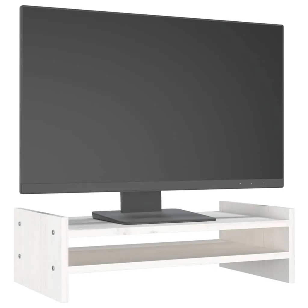 Monitor Stand Solid Pine Wood White Desk Riser with Integrated Storage