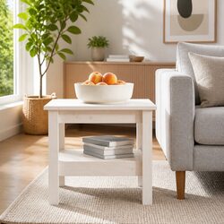 White Solid Pine Wood Coffee Table with Storage Shelf