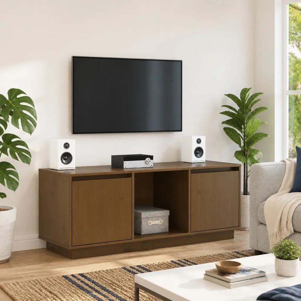 TV Cabinet Solid Pine Wood 110.5 x 35 x 44 cm Honey Brown Media Storage Unit Living Room Furniture