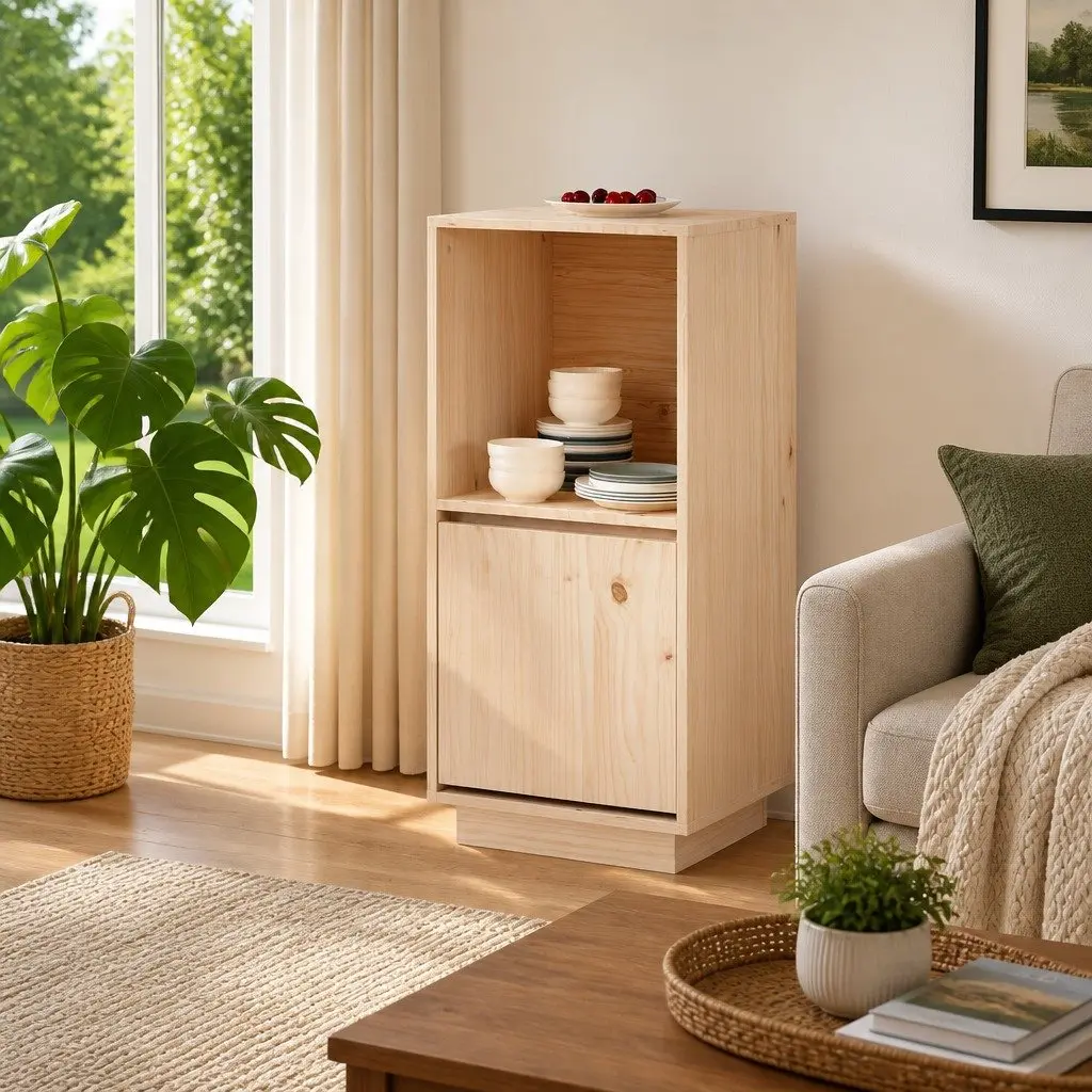 Brown Sideboard in Solid Pine Wood, 38x35x80 cm