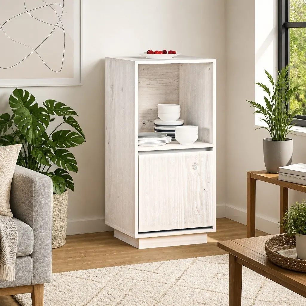 Solid Pine Wood Sideboard Cabinet in White Finish