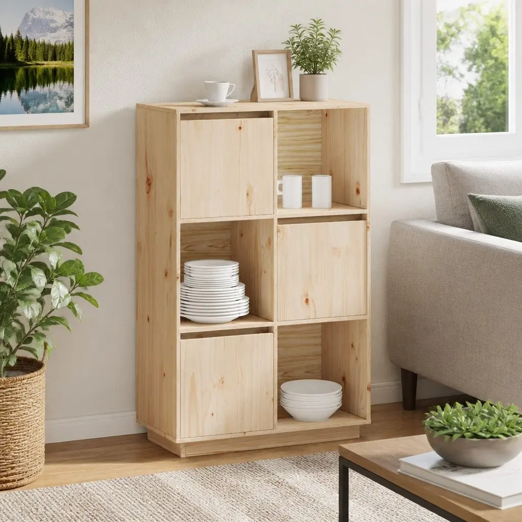 Solid Pine Wooden Highboard Storage Cabinet in Brown