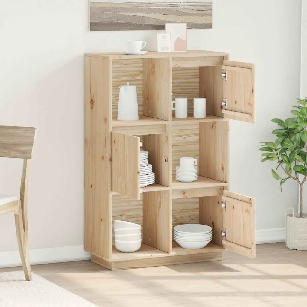 Solid Pine Wooden Highboard Storage Cabinet in Brown