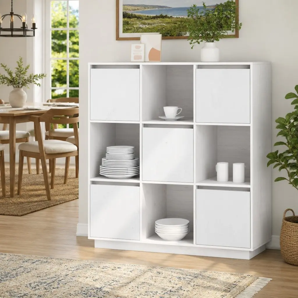 Solid Pine Wood White Highboard Cabinet with 5 Doors