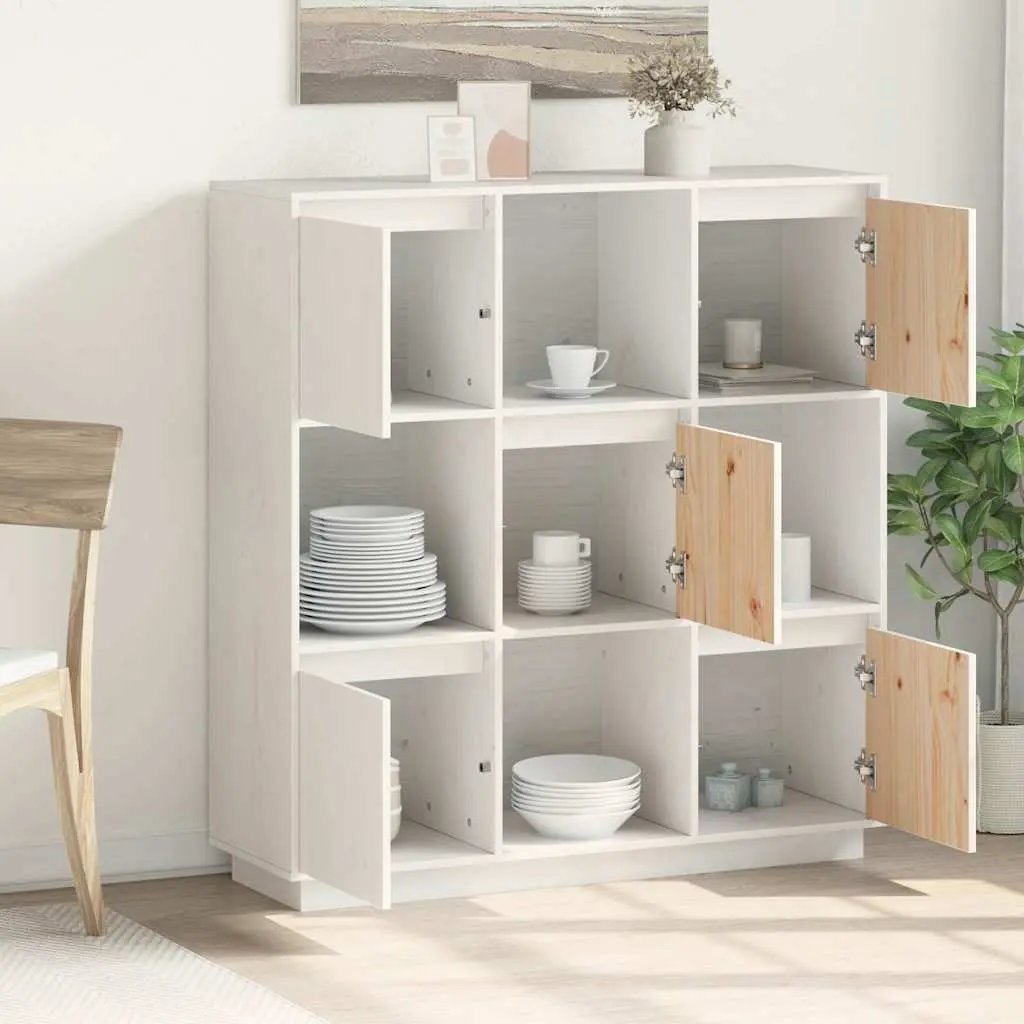 Solid Pine Wood White Highboard Cabinet with 5 Doors