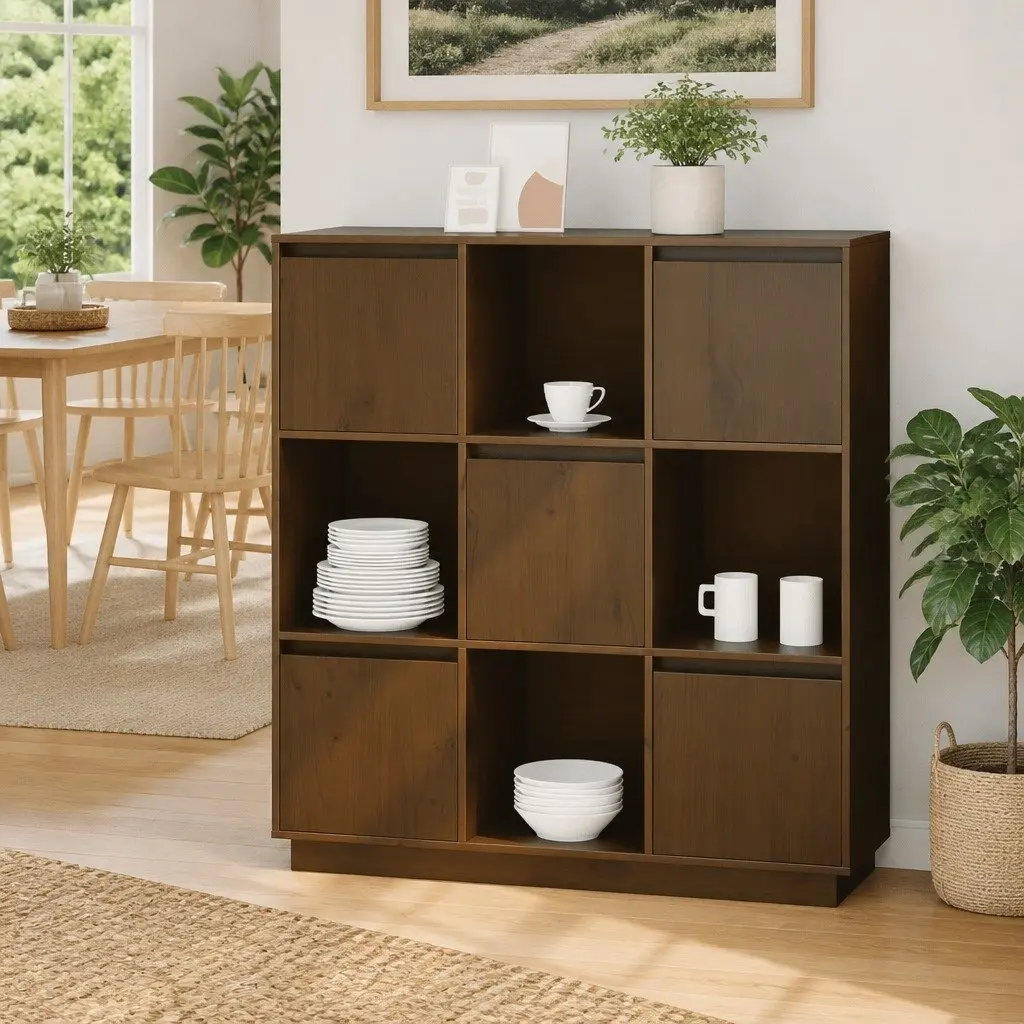 Solid Pine Wood Highboard Storage Cabinet with 5 Doors