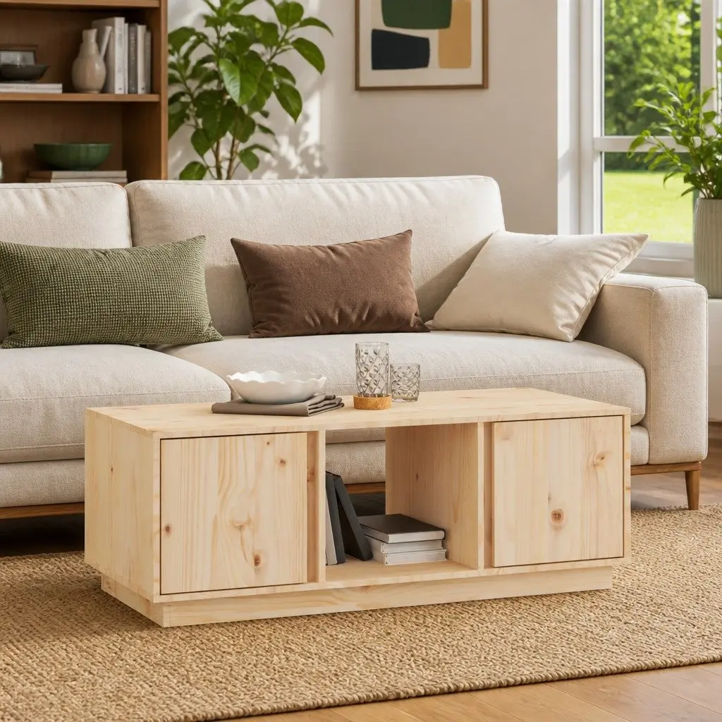 Brown Solid Pine Wood Coffee Table with Storage Compartment