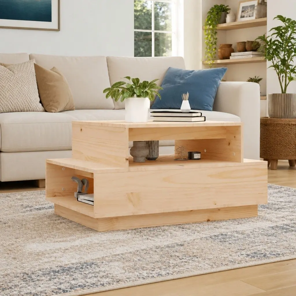 Brown Solid Pine Coffee Table for Living Rooms