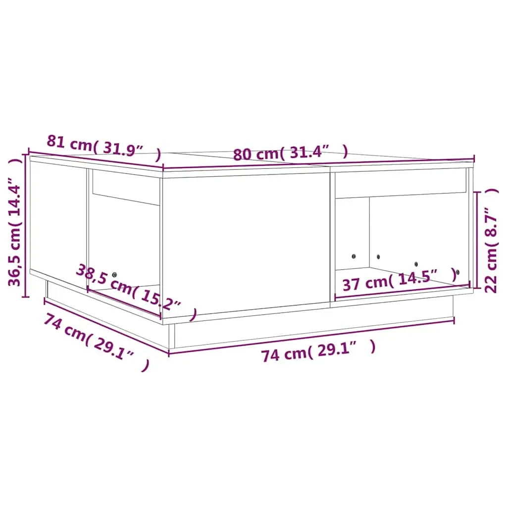 Brown Solid Pine Wood Coffee Table with Storage 80x81x36.5 cm