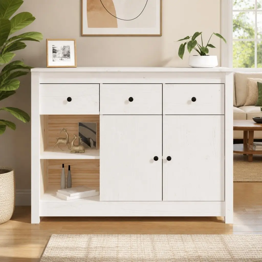 Wooden Sideboard Solid Pine Wood 100 x 35 x 74 cm White 3 Drawers 6 Compartments