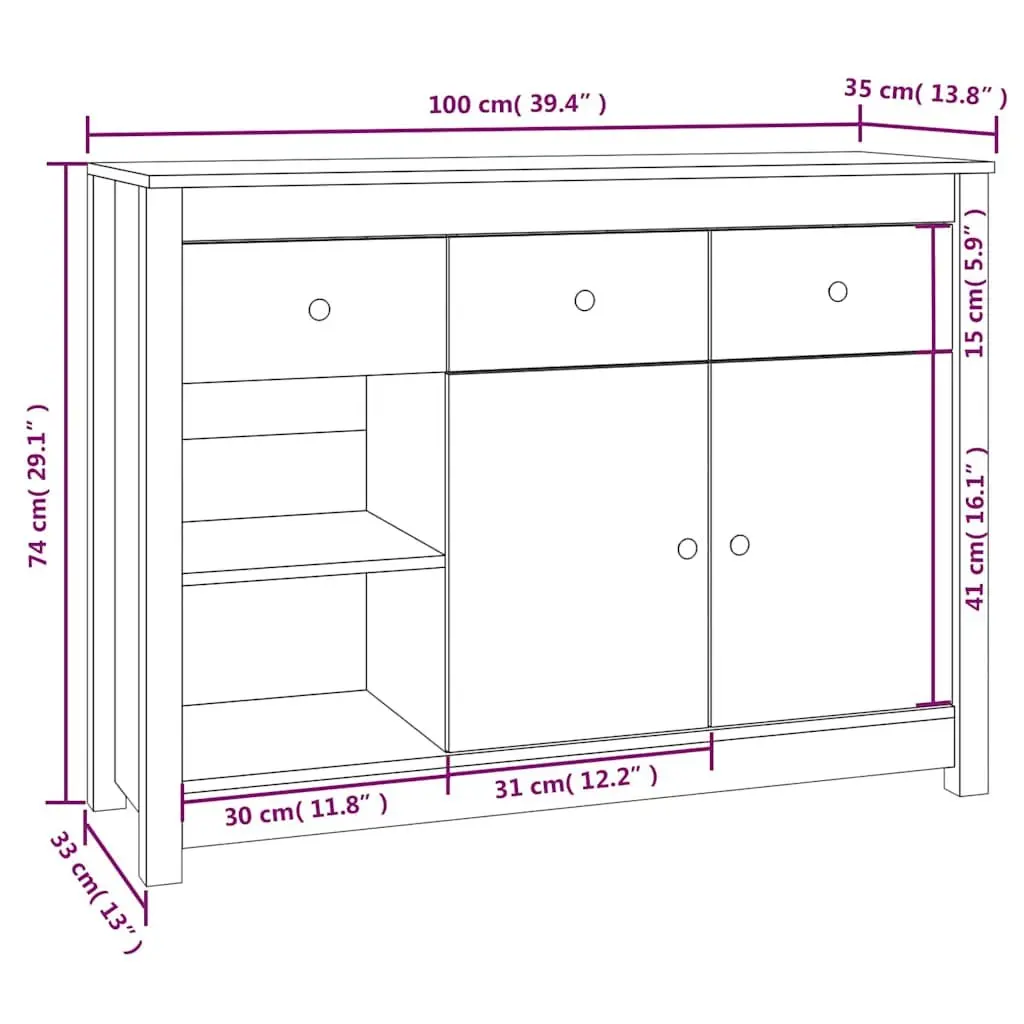 Wooden Sideboard Solid Pine Wood 100 x 35 x 74 cm White 3 Drawers 6 Compartments
