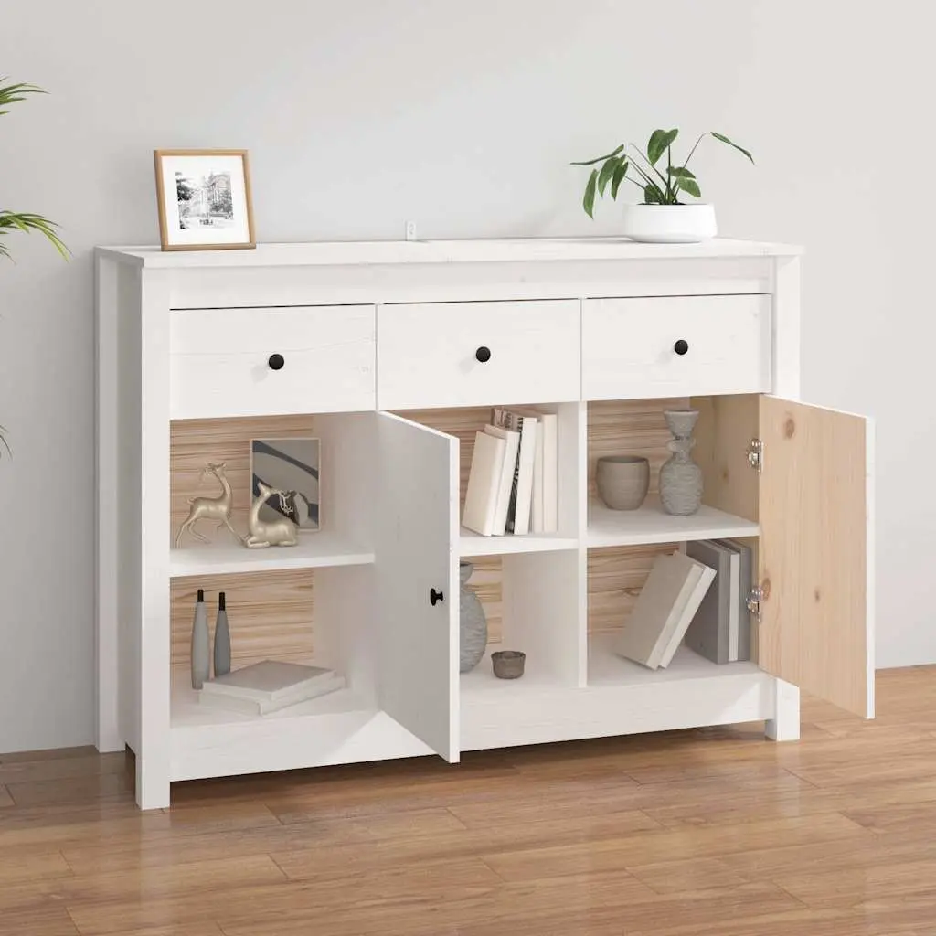 Wooden Sideboard Solid Pine Wood 100 x 35 x 74 cm White 3 Drawers 6 Compartments