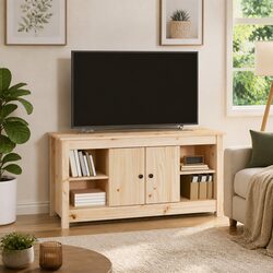Solid Pine Wooden TV Cabinet with Open Shelves and Doors