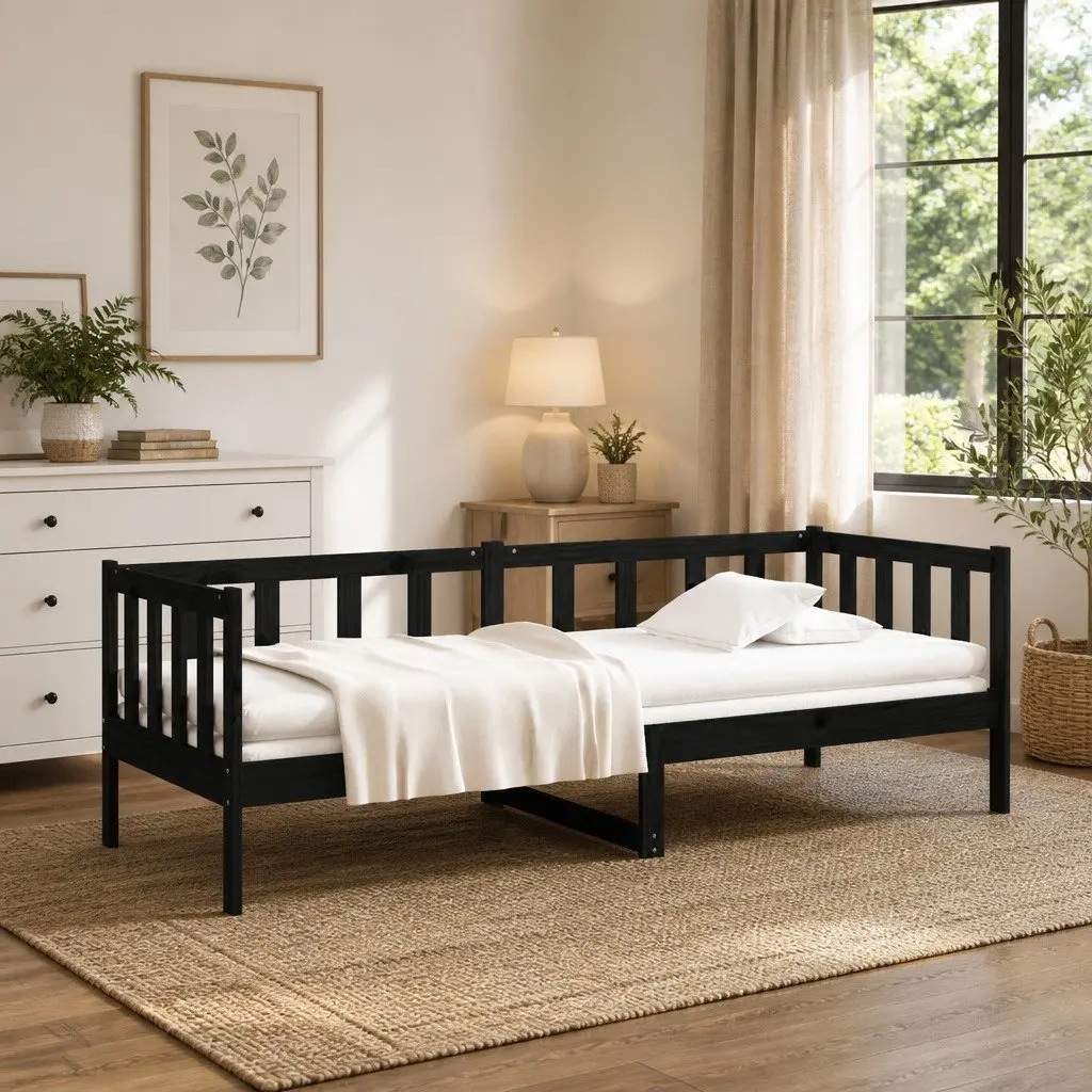 Solid Pine Wood Day Bed Frame in Black 90x190cm