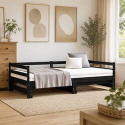 Black Slatted Wooden Pull-Out Day Bed Frame 90x190 cm