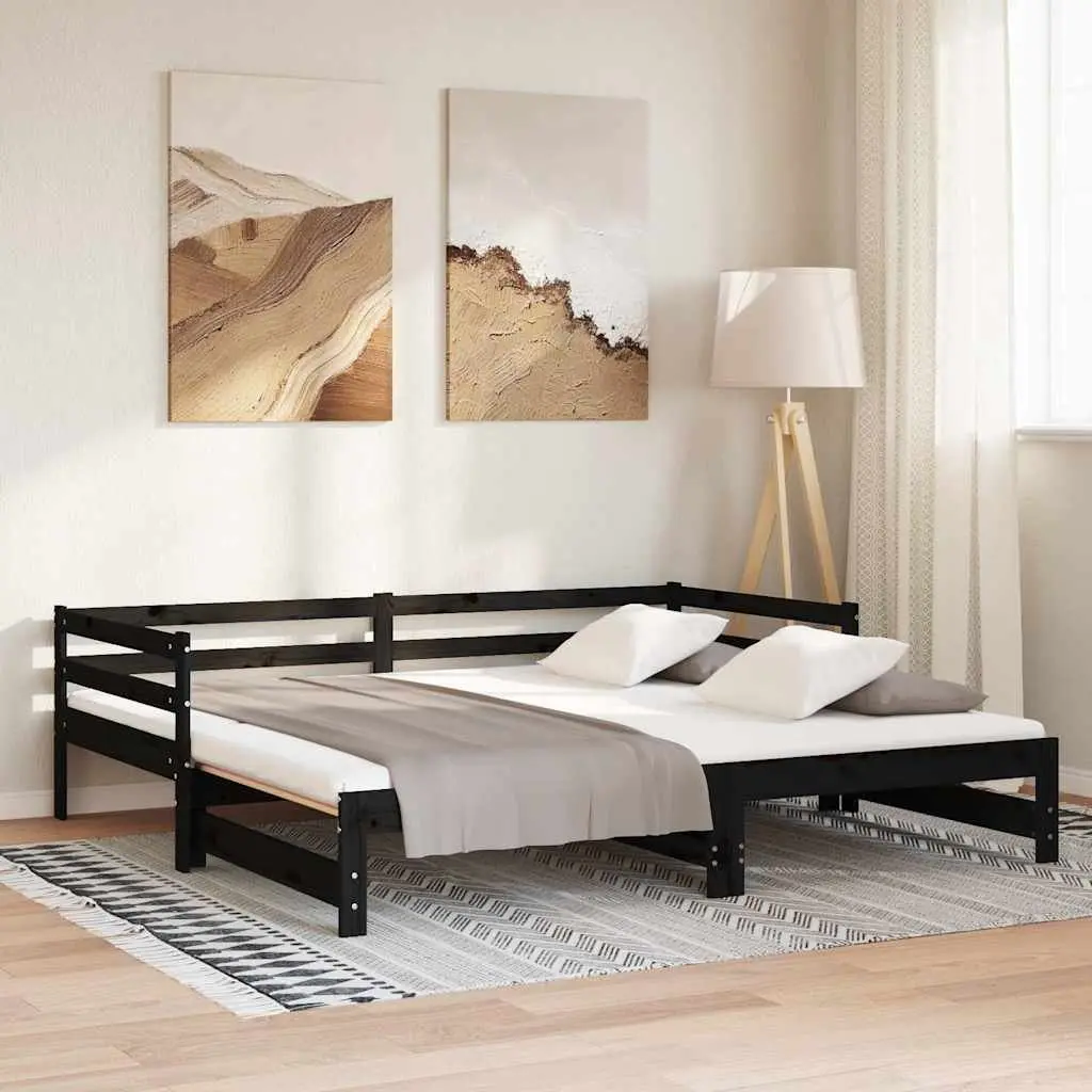 Black Slatted Wooden Pull-Out Day Bed Frame 90x190 cm