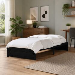 Black Wooden Bed Frame 90x190cm Single Pine Slatted Base