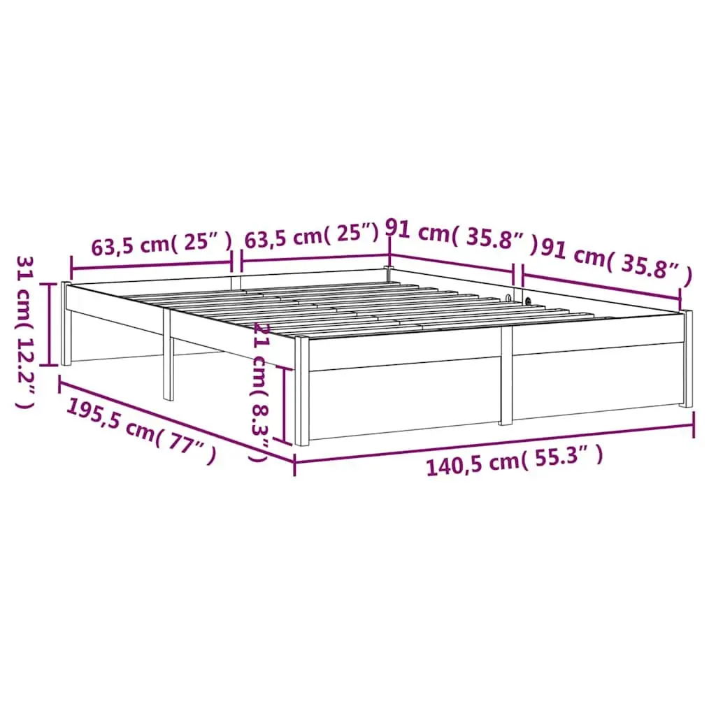Solid Wood Bed Frame Grey 135x190 cm Slatted Base Modern Bedroom Furniture