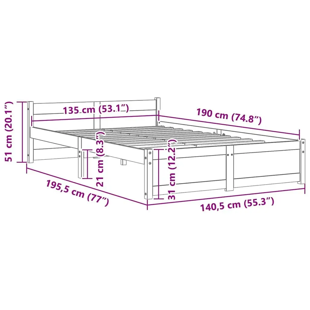 Solid Wood Bed Frame 135x190cm Brown