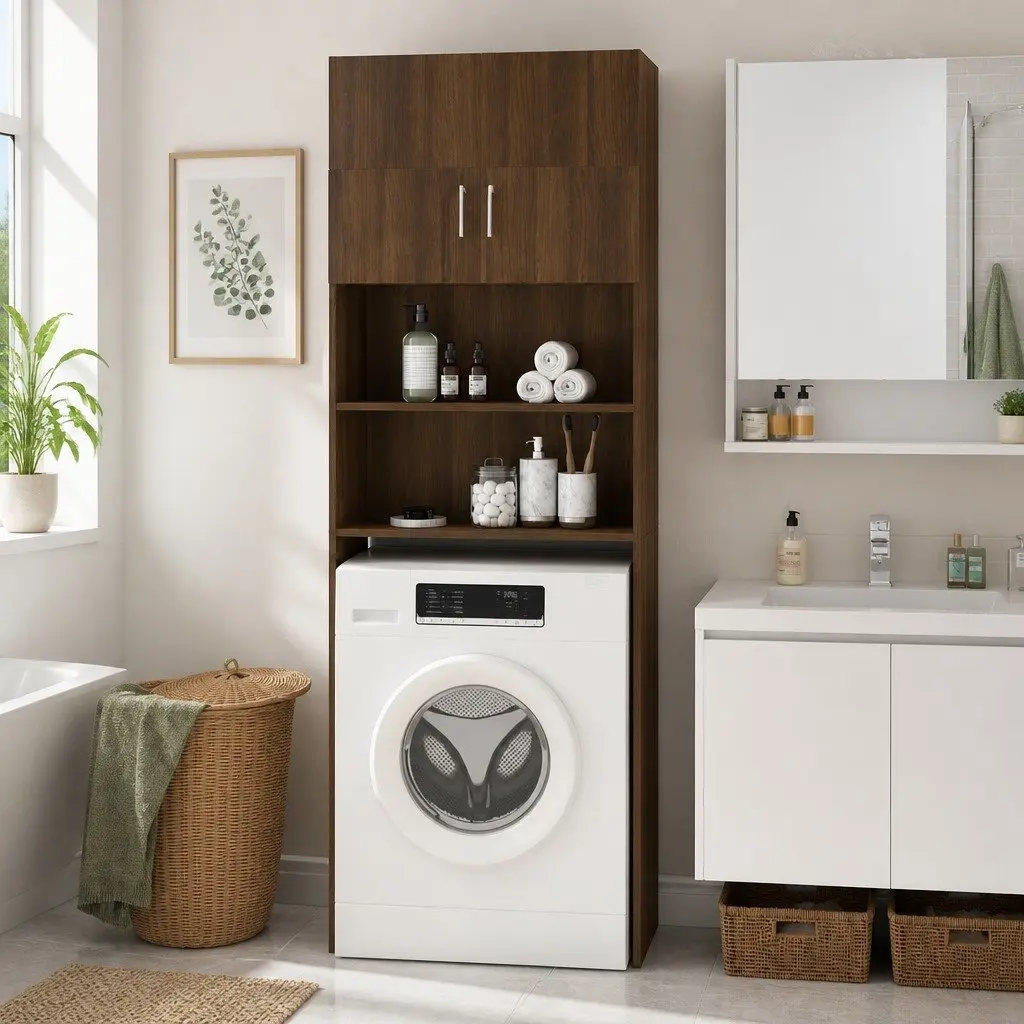 Brown Oak Washing Machine Cabinet for Storage
