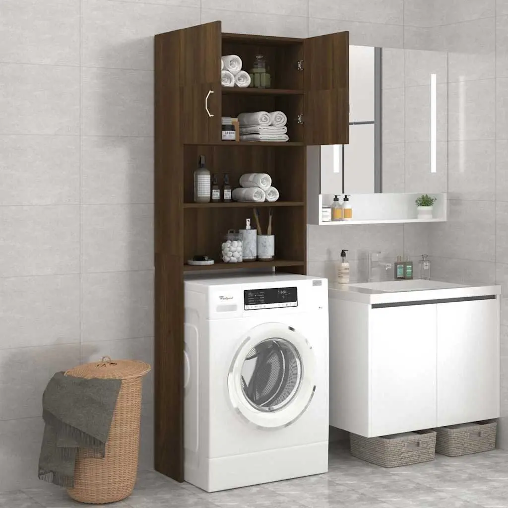 Washing Machine Cabinet Engineered Wood 64 x 25.5 x 190 cm Brown Oak Storage Bathroom Laundry Organizer