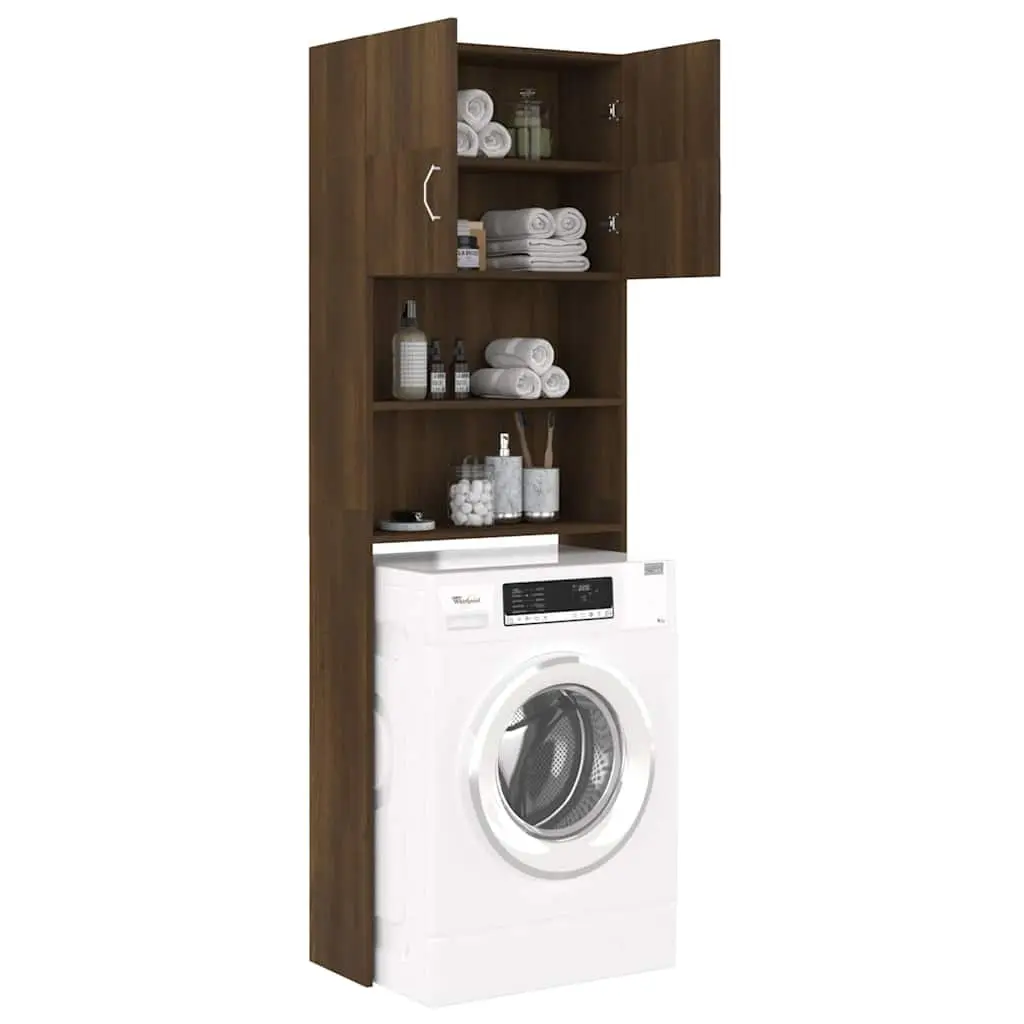Washing Machine Cabinet Engineered Wood 64 x 25.5 x 190 cm Brown Oak Storage Bathroom Laundry Organizer