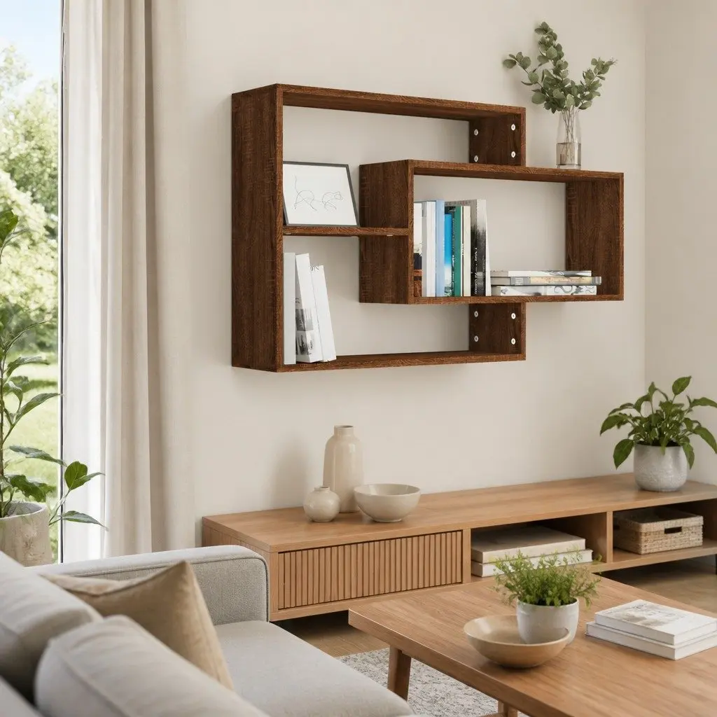 Brown Oak Wall Shelf with 3 Open Compartments