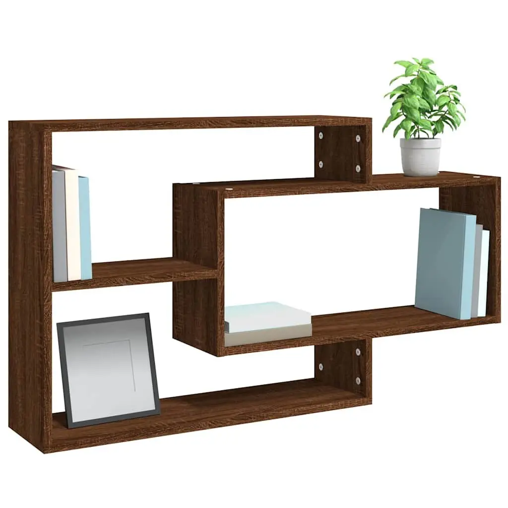 Brown Oak Wall Shelf with 3 Open Compartments