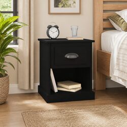 Engineered Wood Black Bedside Cabinet with Drawer