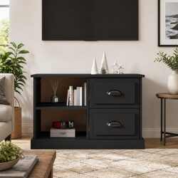 Durable Black TV Cabinet with 2 Drawers and Open Shelves