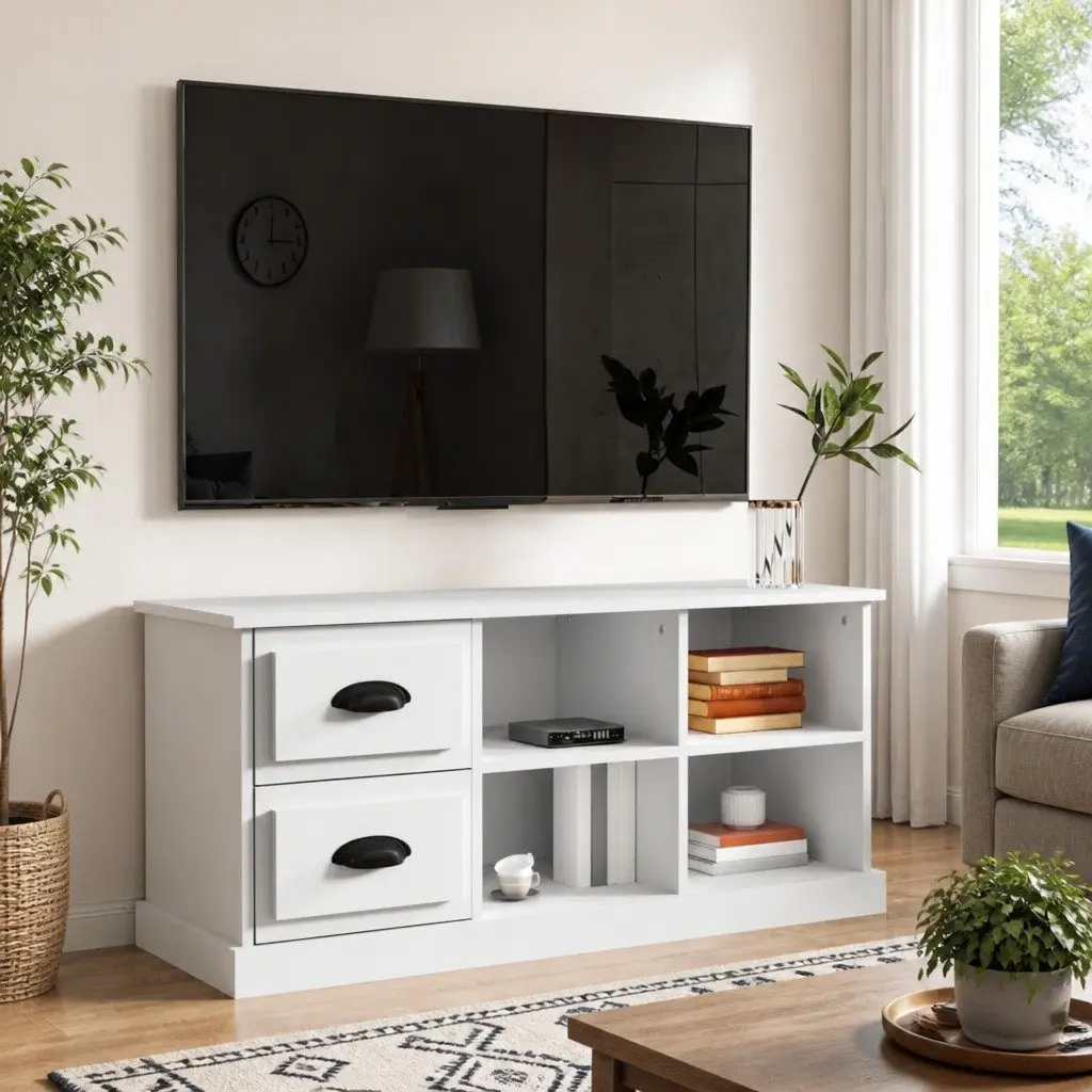 White TV Cabinet with Storage and Drawers