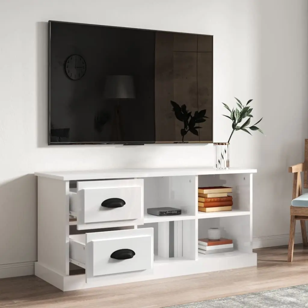 TV Cabinet Engineered Wood High Gloss White 102 x 35.5 x 47.5 cm 2 Drawers 4 Compartments