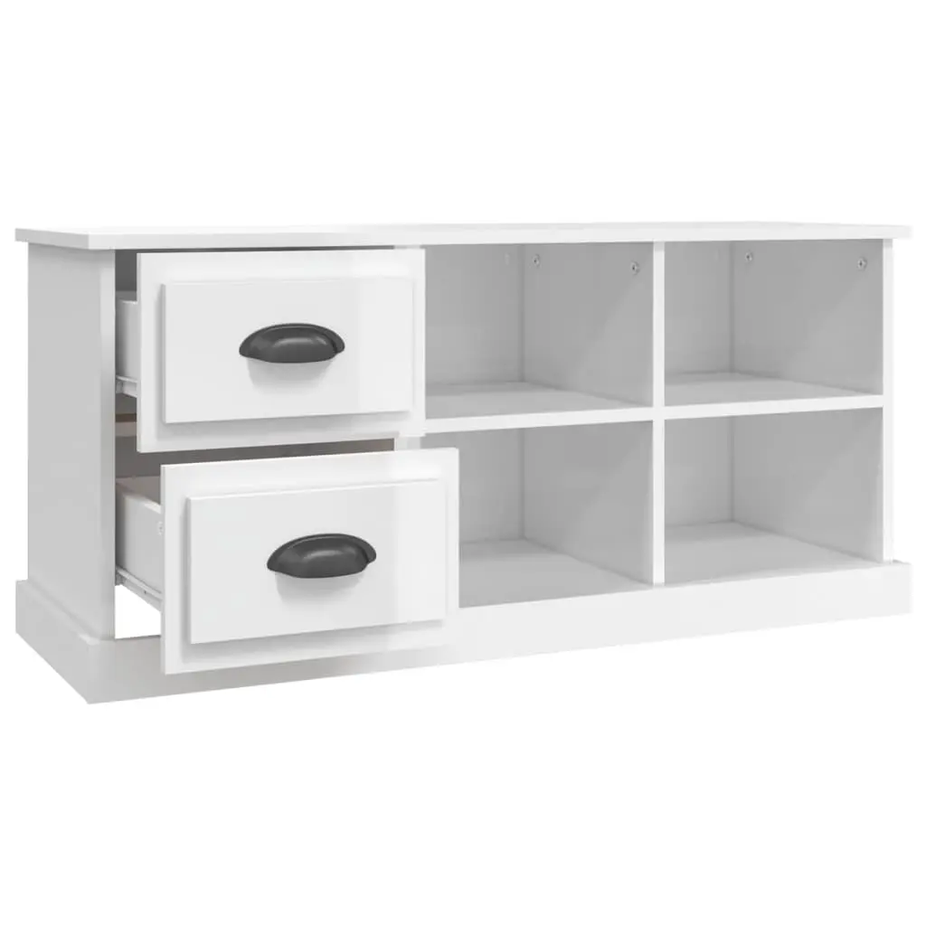 TV Cabinet Engineered Wood High Gloss White 102 x 35.5 x 47.5 cm 2 Drawers 4 Compartments
