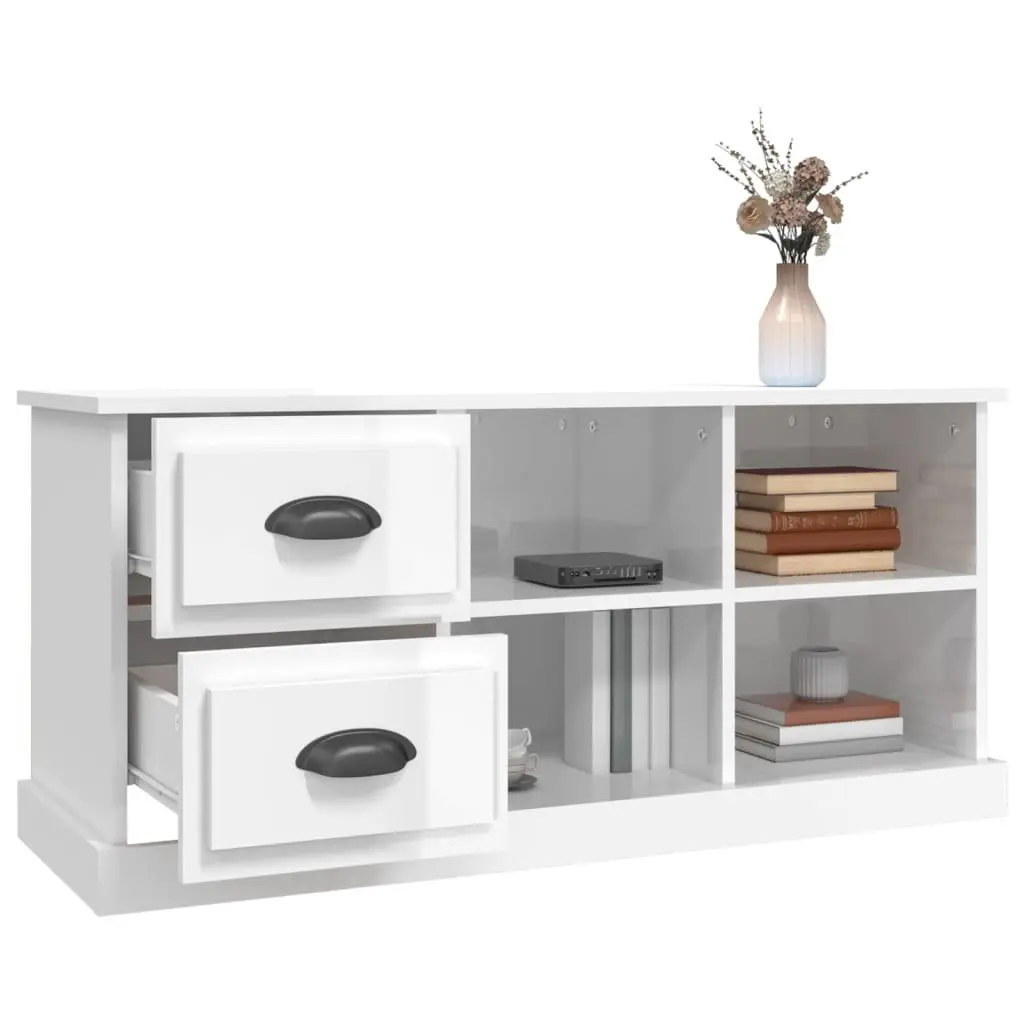 TV Cabinet Engineered Wood High Gloss White 102 x 35.5 x 47.5 cm 2 Drawers 4 Compartments