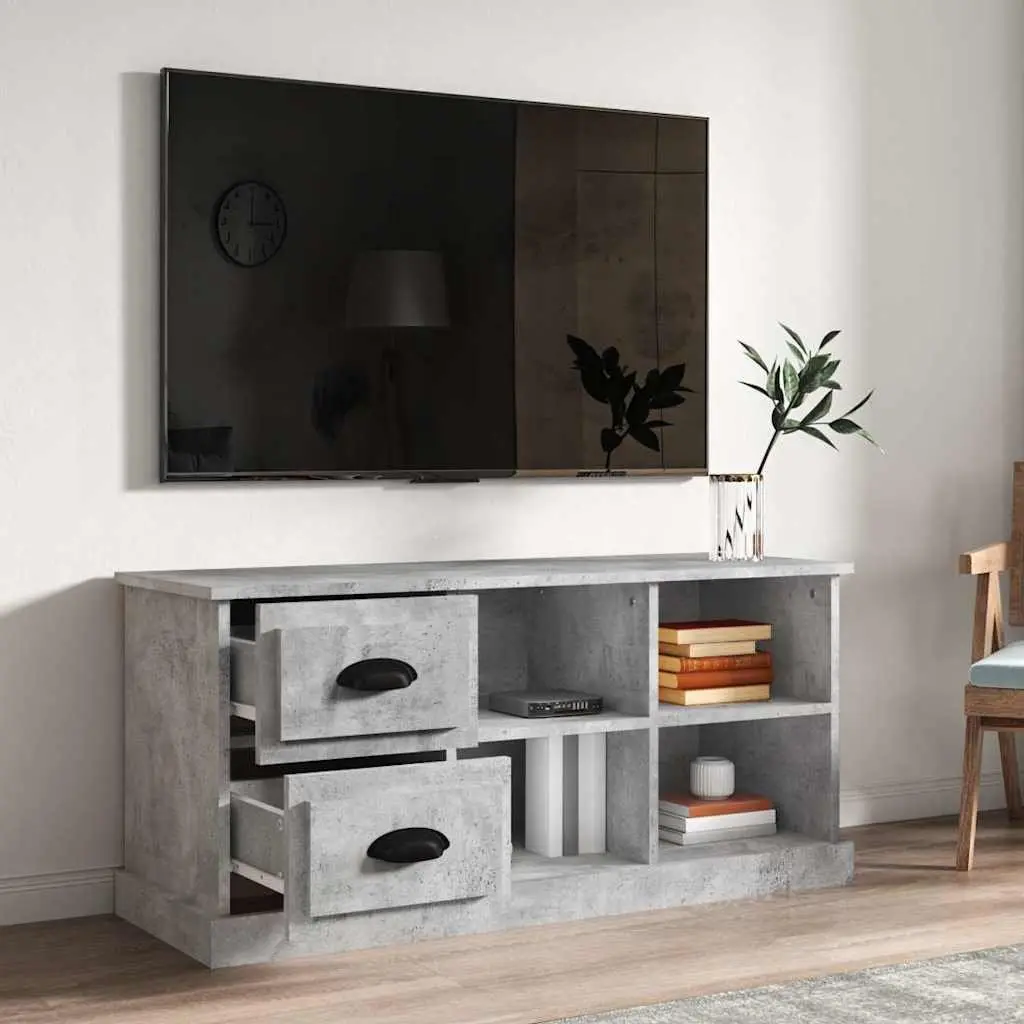Engineered Wood TV Stand 102x35.5x47.5cm Grey Storage Unit with 4 Open Compartments and 2 Adjustable Drawers for Entertainment Organization