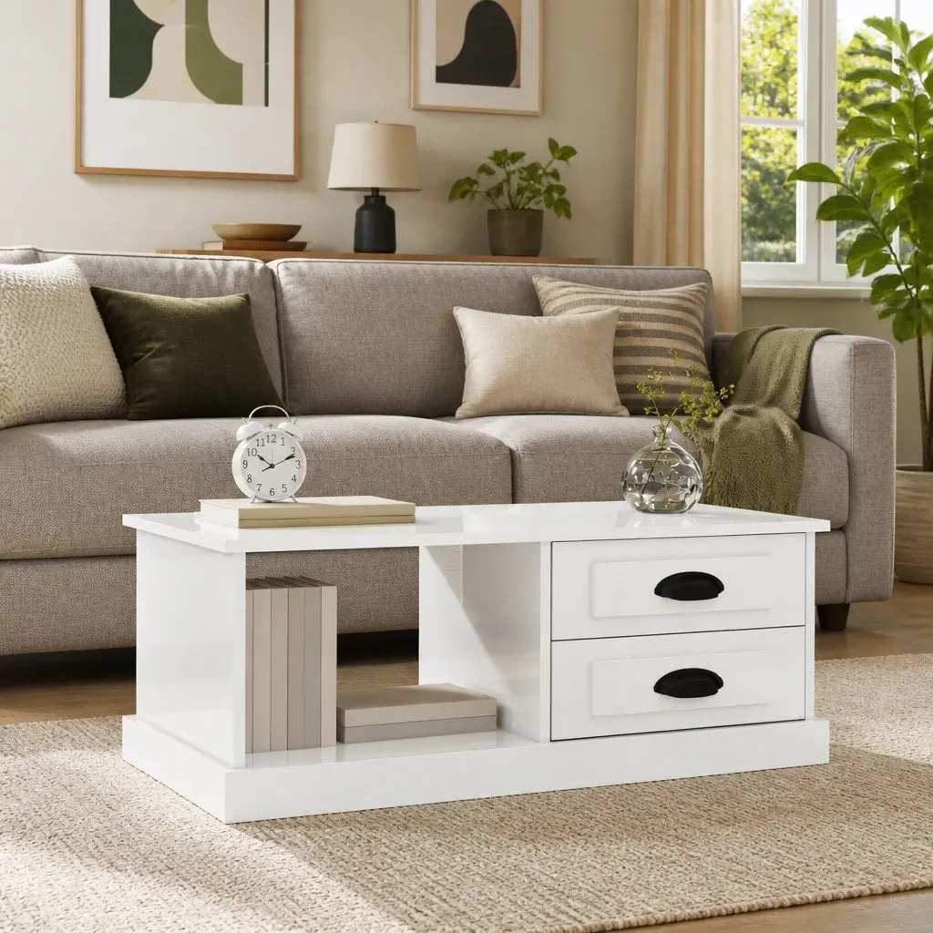High Gloss White Coffee Table with Storage Drawers