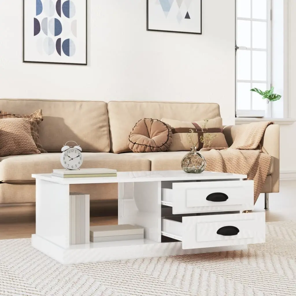 High Gloss White Coffee Table with Storage Drawers