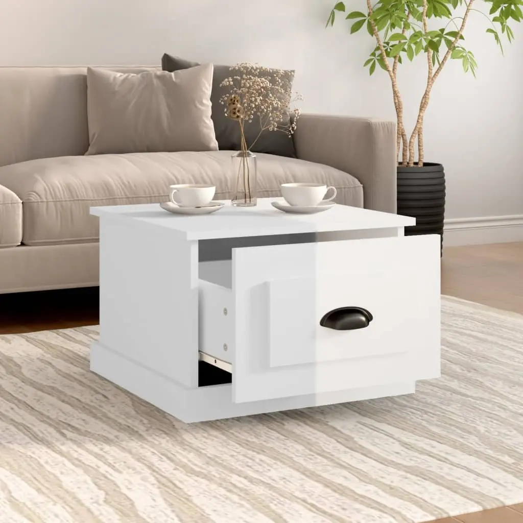 High Gloss White Coffee Table with Storage Drawer 50x50x35 cm