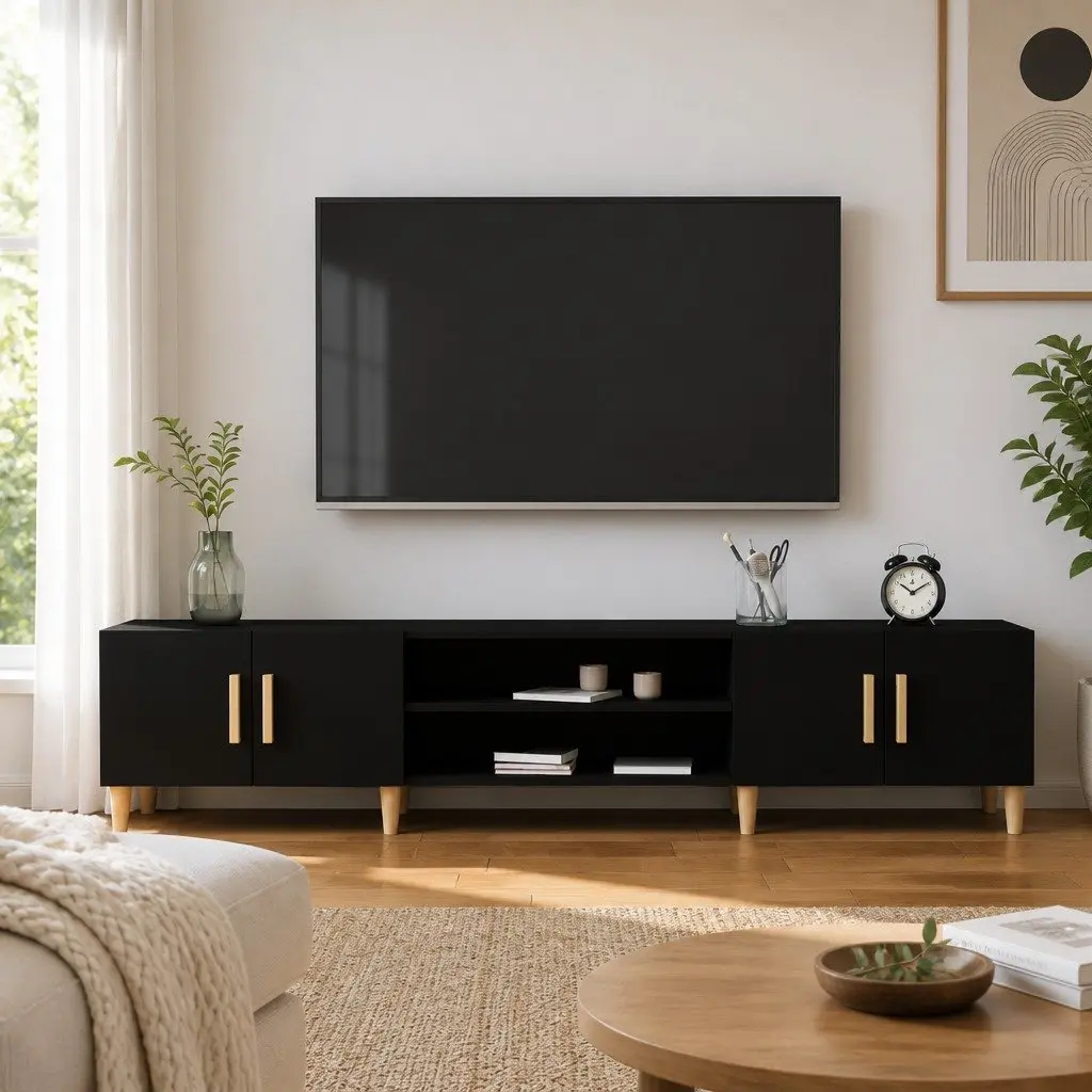 Black 180cm TV Cabinet with 4 Doors & Compartments