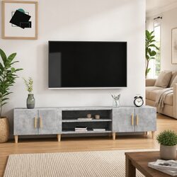 TV Cabinet Grey Engineered Wood Storage Unit 4 Compartments 4 Doors Media