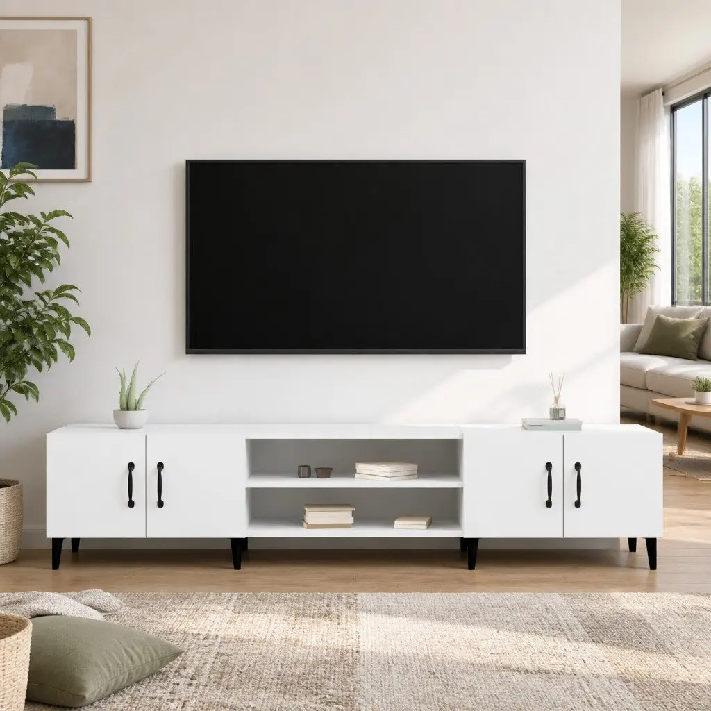 White Engineered Wood TV Cabinet with 4 Doors