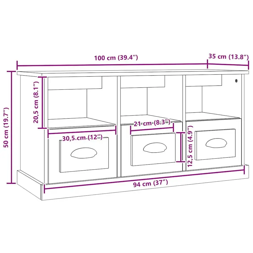 TV Cabinet Engineered Wood 100x35x50 cm White Storage Unit with Drawers Open Compartments