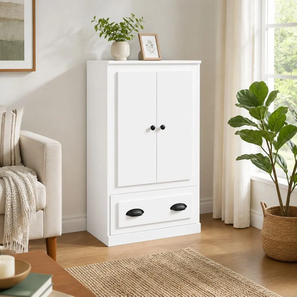 White Highboard Storage Cabinet in Engineered Wood