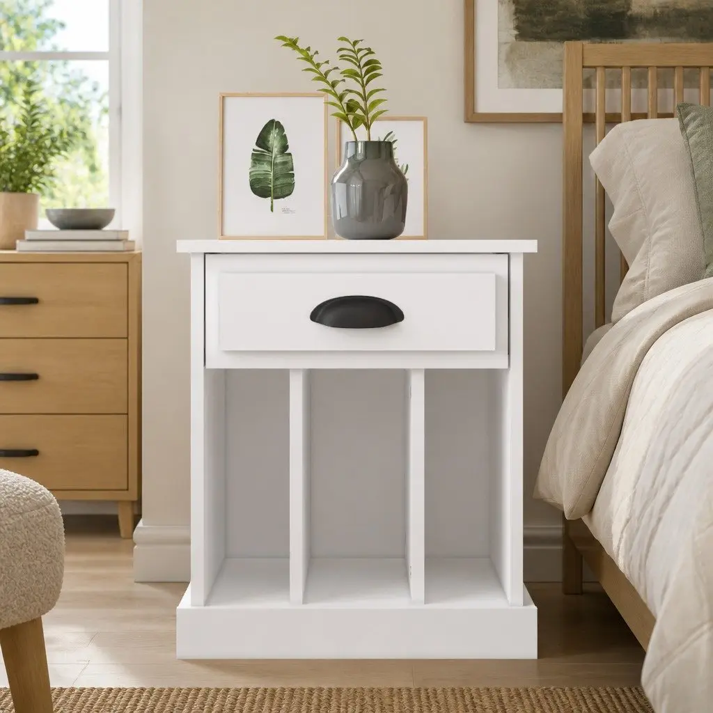 White Bedside Cabinet with Drawer and Compartments
